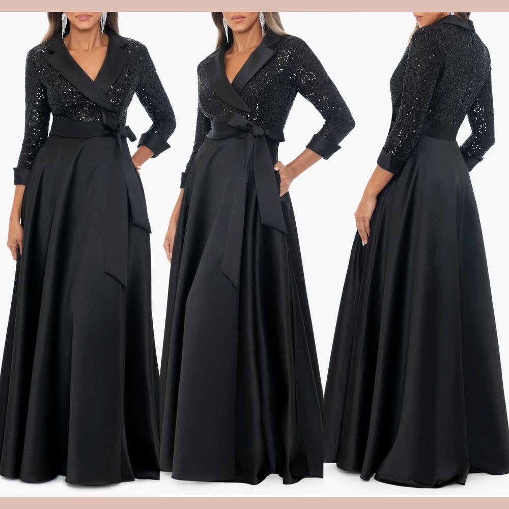 NEW $298 XSCAPE [ 8 ] Sequin Long Sleeve Tux‎ Ballgown in Black #J2145
